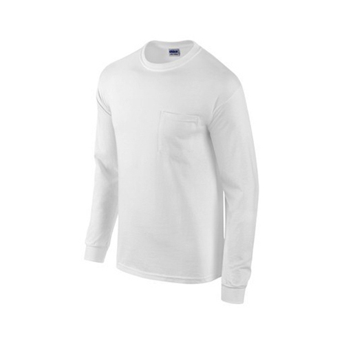 Long-Sleeve Pocket T-Shirt, White 100% Cotton, Medium