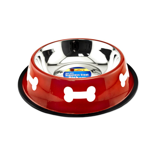 Pet Bowl, Red/White Stainless Steel, 64-oz.