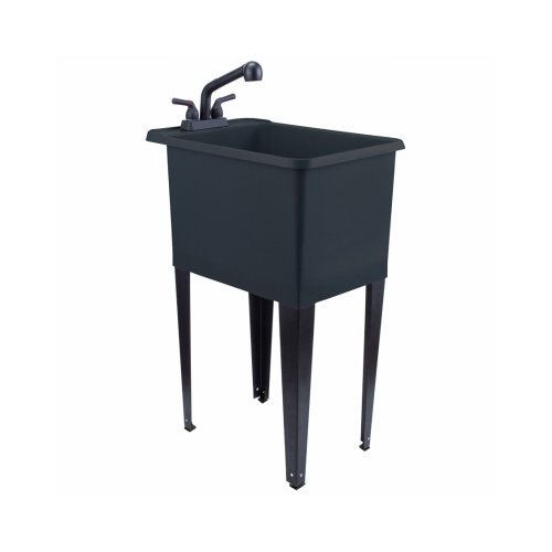 Black Utility Space-Saving Narrow Utility Sink kit with Black 16-Gallon tub, Black pull-out faucet and black legs