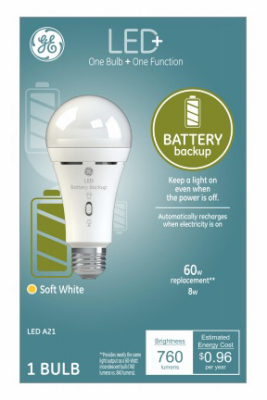 GE 93099986 LED Smart Battery Backup Bulb LED+ A21 E26 (Medium) Soft White 60 W Frosted