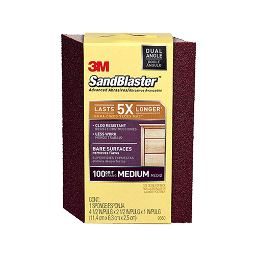 SandBlaster Sanding Sponge, 4-1/2 in L, 2-1/2 in W, 100 Grit, Medium, Aluminum Oxide Abrasive