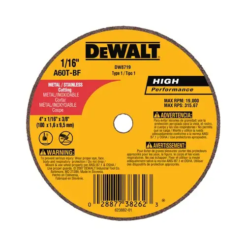 Cut-Off Wheel High Performance 4" D X 3/8" S Aluminum Oxide