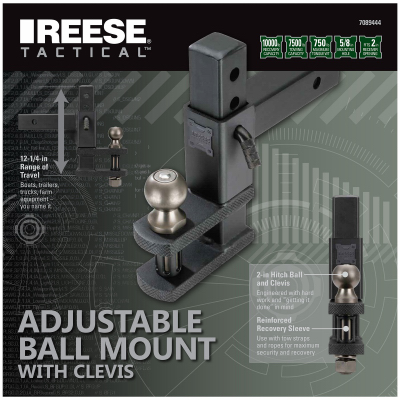 Reese Towpower 7089444 Tactical Adjustable Ball Mount with Clevis, 2 in, 2-5/16 in Dia Hitch Ball, Steel Black