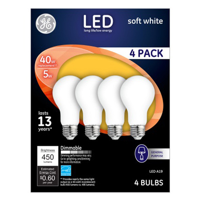 GE 93098311 LED Bulb A19 E26 (Medium) Soft White 40 Watt Equivalence Frosted