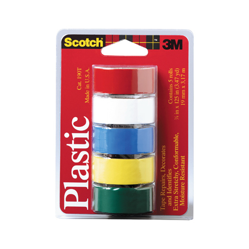 SCOTCH 190T Colored Tape, 125 in L, 3/4 in W, Plastic Backing Assorted - pack of 5