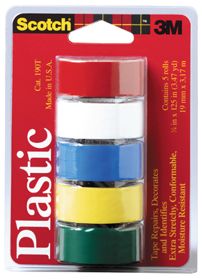 SCOTCH 190T Colored Tape, 125 in L, 3/4 in W, Plastic Backing Assorted - pack of 5