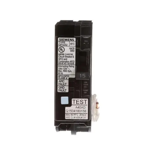 Circuit Breaker, AFCI, GFCI, 15 A, 1 -Pole, 120 V, Instantaneous, Non-Interchangeable Trip, Black