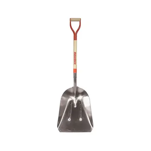 Scoop Shovel, 15-1/4 in W Blade, 19-3/4 in L Blade, Aluminum Blade, Hardwood Handle, D-Shaped Handle Brown/Silver