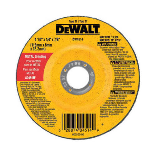 DEWALT DW4514 Grinding Wheel, 4-1/2 in Dia, 1/4 in Thick, 7/8 in Arbor, 24 Grit, Very Coarse Black/Yellow