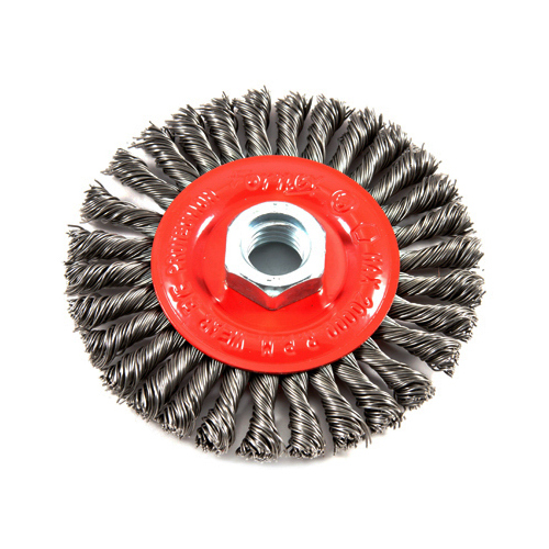 Wire Wheel Brush, 4 in Dia, 5/8-11 Arbor/Shank, 0.02 in Dia Bristle, Carbon Steel Bristle