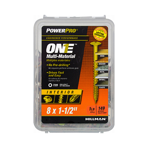 Multi-Material Screw POWERPRO ONE No. 8 X 1-1/2" L Star Wafer Head 1 lb Yellow Zinc