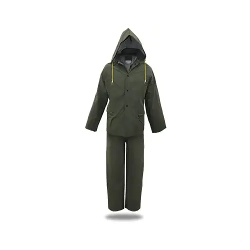 3-Pc. Rain Suit, Jacket, Pants, Detachable Hood, Green PVC, M