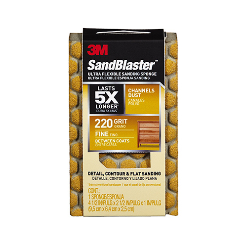 Sanding Sponge, 4-1/2 in L, 2-1/2 in W, 220 Grit, Fine, Aluminum Oxide Abrasive Yellow