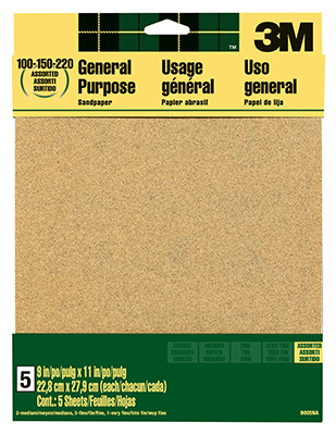 3M 9005NA 9005 Sandpaper Sheet, 11 in L, 9 in W, Aluminum Oxide Abrasive, Paper Backing - pack of 5