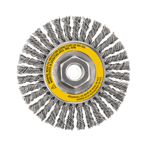 DEWALT DW49204 Wire Wheel Brush, 4 in Dia, 5/8-11 Arbor/Shank, 0.02 in Dia Bristle, Stainless Steel Bristle