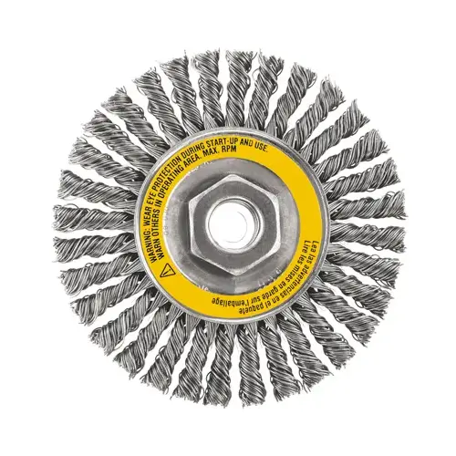 Wire Wheel Brush, 4 in Dia, 5/8-11 Arbor/Shank, 0.02 in Dia Bristle, Stainless Steel Bristle