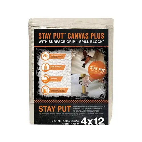 Stay Put 4328 Canvas Drop Cloth, 12 ft L, 4 ft W, Canvas/Plastic White