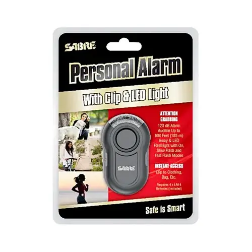 Sabre PA-CLIP-BK Personal Alarm with Clip, LED Flashlight, 120 Decibels, Black Case
