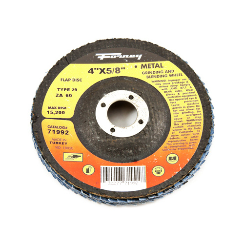 Forney 71992 Flap Disc, 4 in Dia, 5/8 in Arbor, 60 Grit, Medium, Zirconia Aluminum Abrasive, Fiberglass Backing Blue