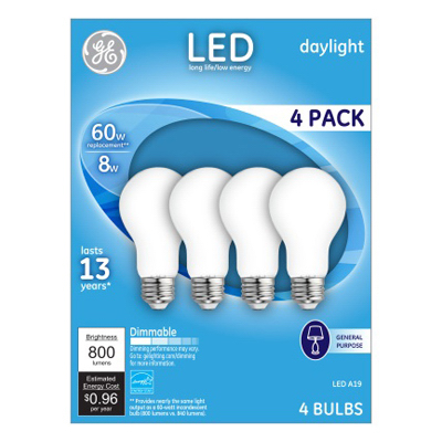 GE 93098314 LED Light Bulb A19 E26 (Medium) Daylight 60 Watt Equivalence Frosted