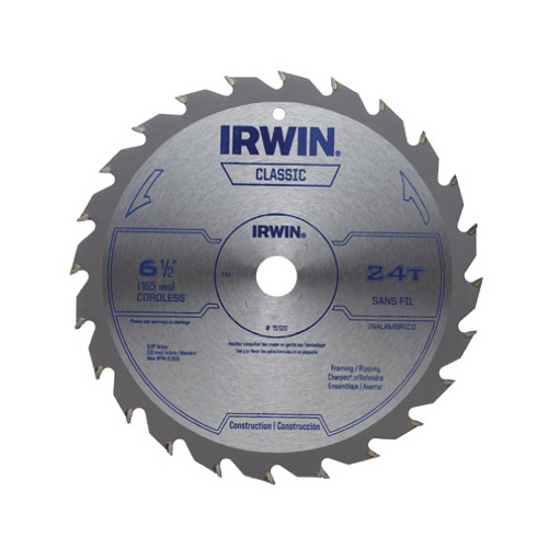 Circular Saw Blade, 6-1/2 in Dia, 5/8 in Arbor, 24-Teeth, Carbide Cutting Edge