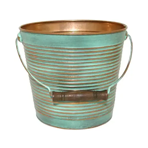 Robert Allen MPT01760 Planter With Handle, Vintage Copper Ribbed Metal, 10 In.