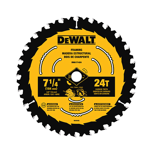 DEWALT DWA171424B10 Circular Saw Blade, 7-1/4 in Dia, 5/8 in Arbor, 24-Teeth, Tungsten Carbide Cutting Edge