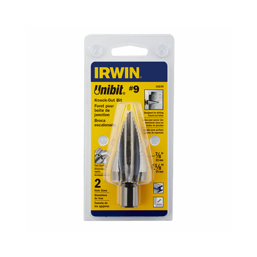 Irwin 10239 Unibit Step Drill Bit, 7/8 to 1-1/8 in Dia, 1-Flute, 7/16 in Dia Shank, Hex Shank Titanium Nitride-Coated