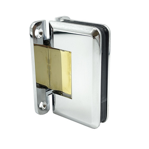 Adjustable Premier Series Glass To Wall Mount Shower Door Hinge With "H" Back Plate Polished Chrome W/Brass Accents