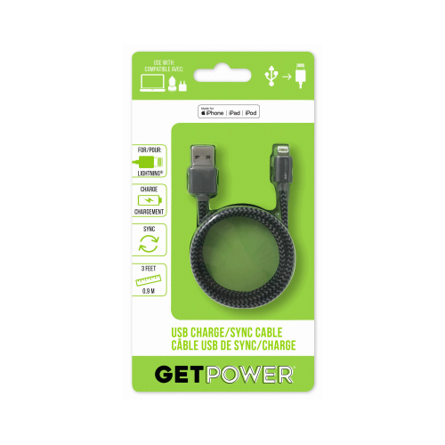 GetPower GP-USB-BRL USB Charging and Sync Cable, 3 ft L Black