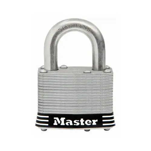 Padlock, Keyed Alike Key, 3/8 in Dia Shackle, 1 in H Shackle, Stainless Steel Shackle, Laminated