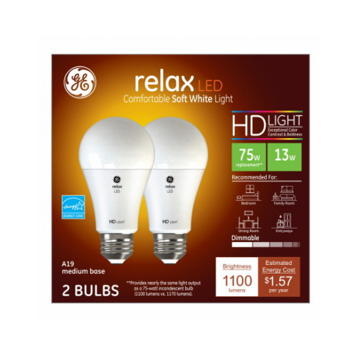 GE 93127613 LED Light Bulb Relax HD A19 E26 (Medium) Soft White 75 Watt Equivalence Frosted Pair