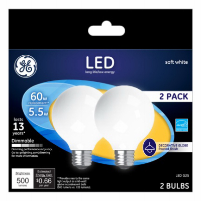 GE 25016 LED Bulb G25 E26 (Medium) Soft White 60 Watt Equivalence Frosted Pair