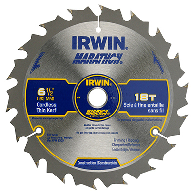 Irwin 24020 Circular Saw Blade, 6-1/2 in Dia, 5/8 in Arbor, 18-Teeth, Carbide Cutting Edge