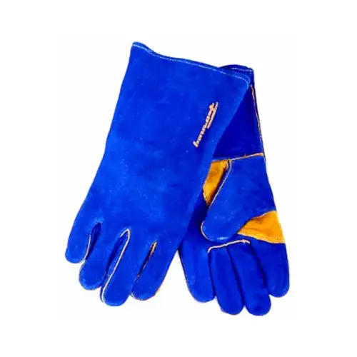 Welding Gloves, Men's, XL, Gauntlet Cuff, Leather Palm, Blue, Reinforced Crotch Thumb, Leather Back