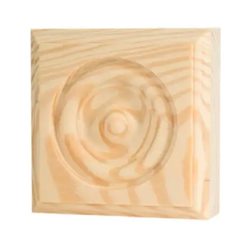 Trim Block, 3-3/4 in H, 3-3/4 in W, Rosette Pattern, Pine Wood