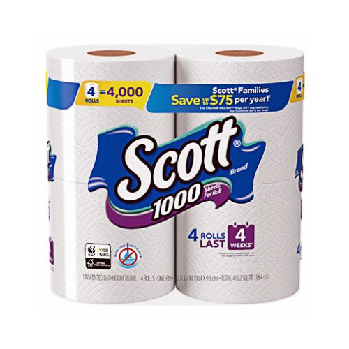 Scott Bathroom Tissue, 1000, Unscented, One-Ply - 12 rolls