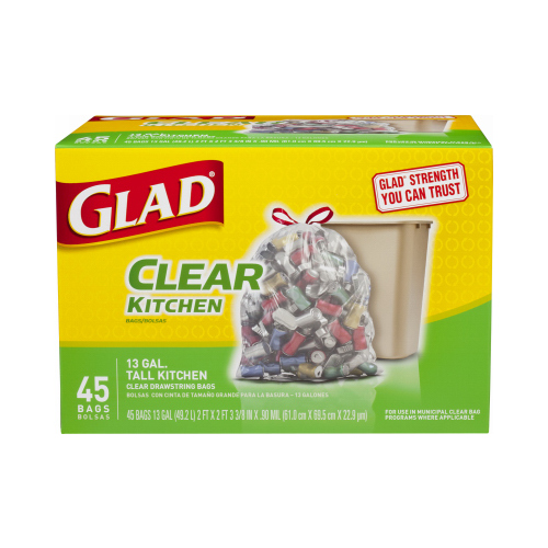 GLAD 78543 Tall Kitchen Bags 13 gal Drawstring 45 pk 0.9 mil Clear