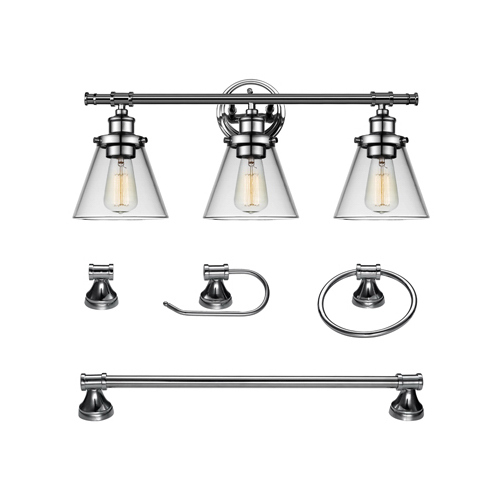 Globe Electric 51234 Parker 3-Light Chrome Vanity Light With Clear Glass Shades and Bath Set