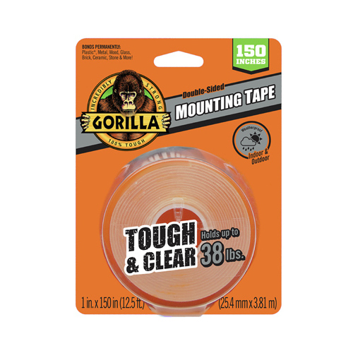Gorilla 6036002 TOUGH & CLEAR Mounting Tape, 150 in L, 1 in W, Clear