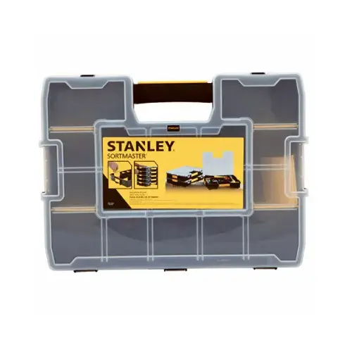 Stanley STST14027 Tool Organizer, 13 in W, 3.4 in H, 15-Compartment, 14-Drawer, Plastic, Black/Yellow