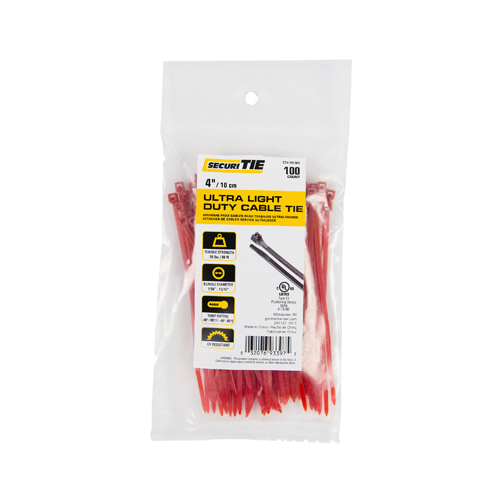 Ultra Light Duty Cable Tie, Red, 4-In - pack of 100