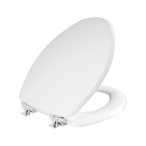 BEMIS 126CHSLA 000 Elongated Wood Toilet Seat, White Enamel, Never Loosens, Slow-Close Chrome Hinge