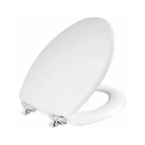 Elongated Wood Toilet Seat, White Enamel, Never Loosens, Slow-Close Chrome Hinge