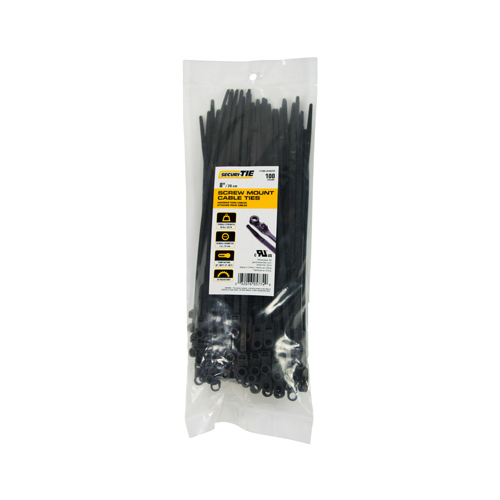 Screw Mount Cable Tie, UV Black, 8-In - pack of 100