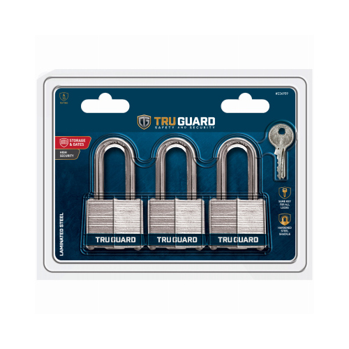 Tru Guard 1803TRILFTG Keyed-Alike Padlocks, Long-Shackle, Laminated, 1.5-In - pack of 3