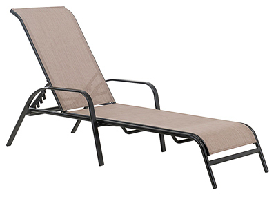 Four Seasons Courtyard S-DNC1399PST Marbella Chaise Lounge, Black Steel Frame, Tan Sling Fabric Gray