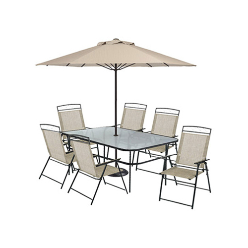 Arrowhead 8-Pc. Sling Patio Dining Set, Brown On Brown Table, 6 Chairs, Umbrella