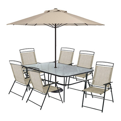 COURTYARD CREATIONS FTS50BC Arrowhead 8-Pc. Sling Patio Dining Set, Brown On Brown Table, 6 Chairs, Umbrella