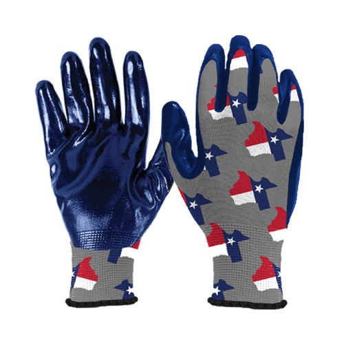 Work Gloves, Nitrile Palm, Knit, Texas Flag Pattern, Men's Large